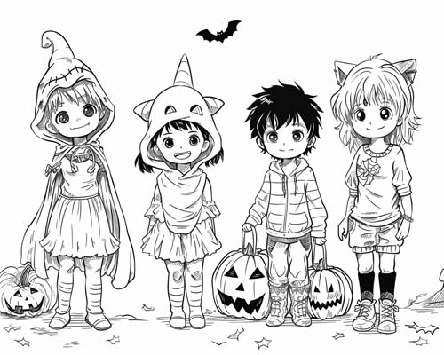 coloring page of children trick or treaters