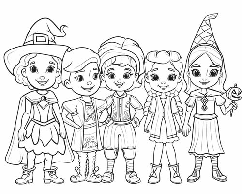 simple coloring page of children trick or treaters