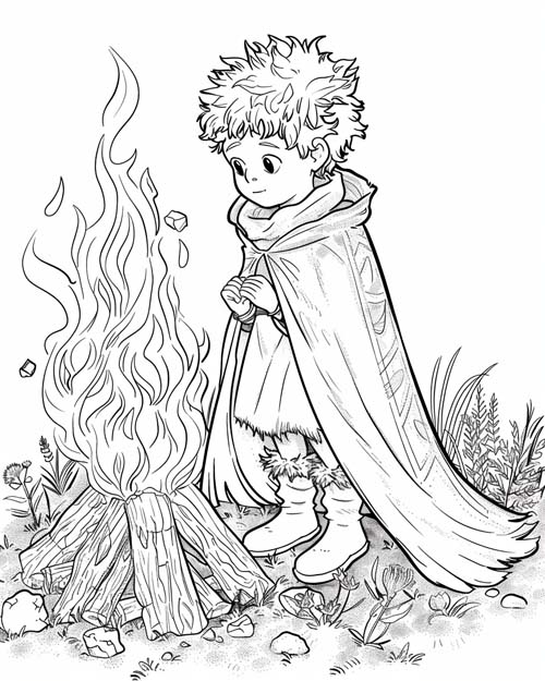 coloring page of a young druid by a fire