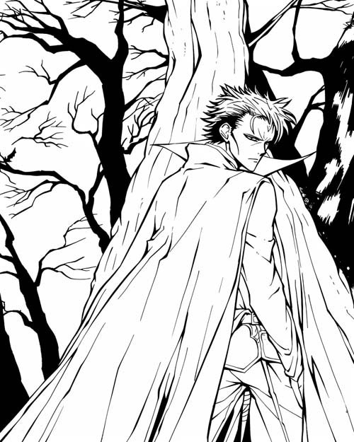 coloring page of a strigoi in the woods