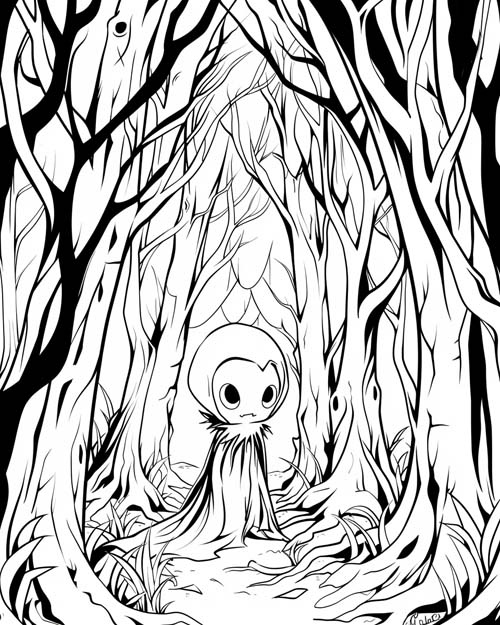 cute coloring page of a strigoi in the woods