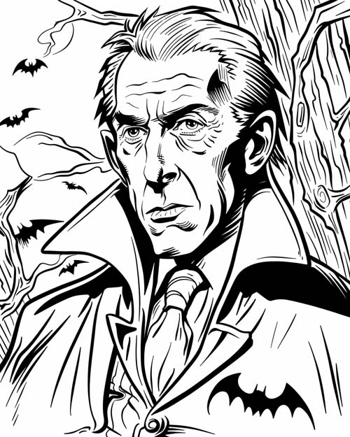 simple coloring page of a vampire and bats