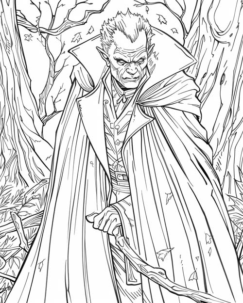 coloring page of an ancient vampire in the forest