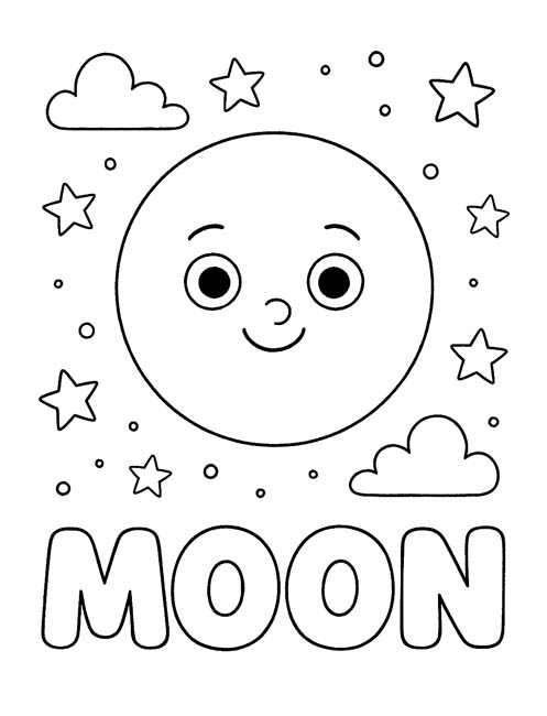 simple vocabulary word coloring page of a cheerful full moon at night