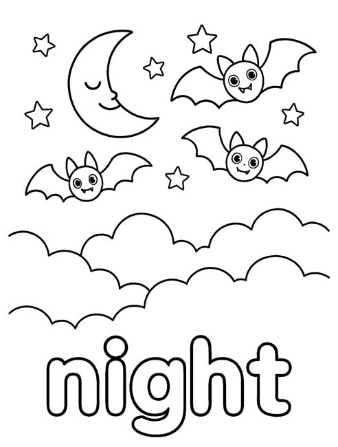 simple vocabulary word coloring page of a night scene with bats and a crescent moon