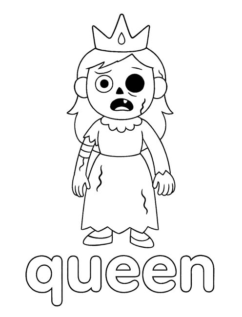 simple vocabulary word coloring page of a queen zombie