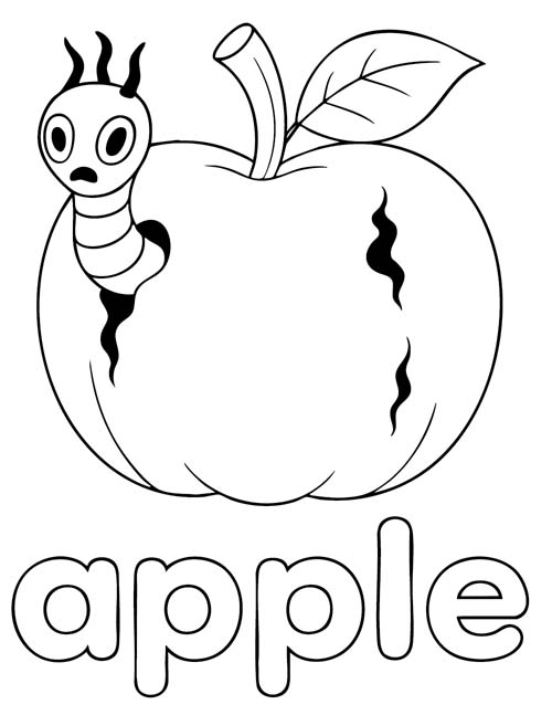 simple vocabulary word coloring page of a rotting, worm infested apple