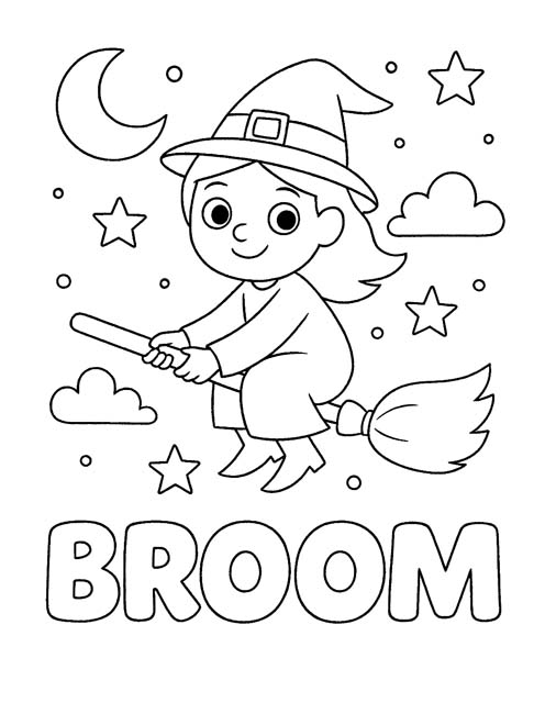 simple vocabulary word coloring page of a witch riding a broom
