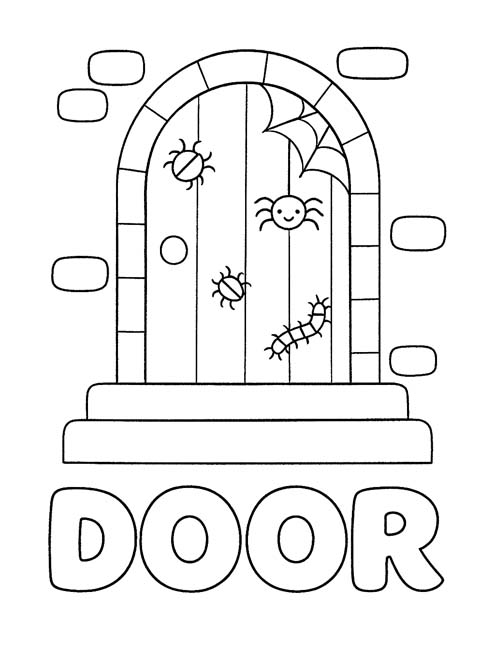 simple vocabulary word coloring page of a door covered in spooky bugs