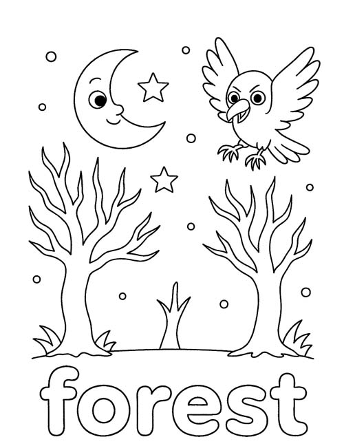 simple vocabulary word coloring page of a spooky forest