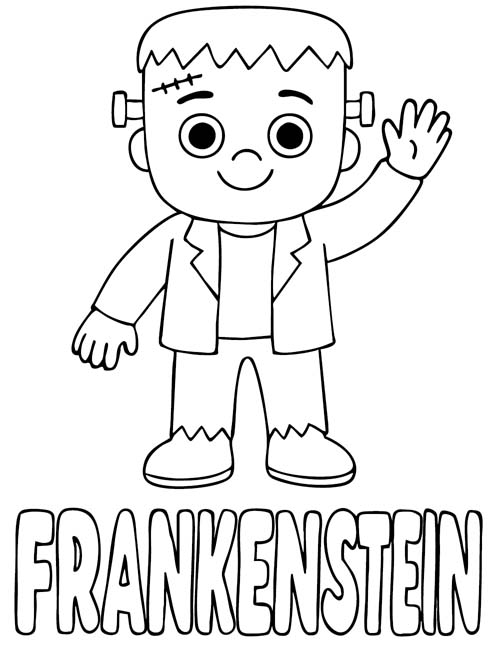 labeled Halloween coloring page of frankenstein