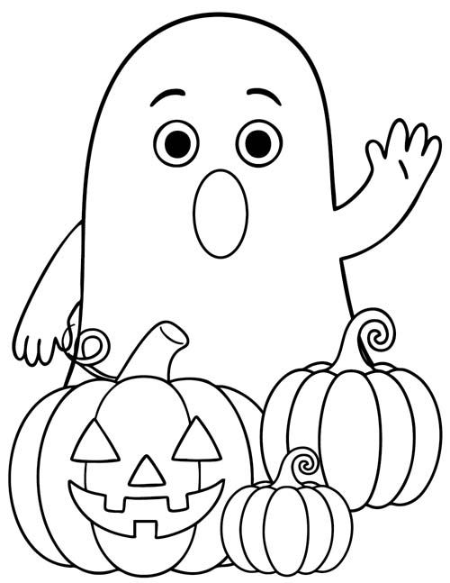 cute coloring page of a ghost and pumpkins