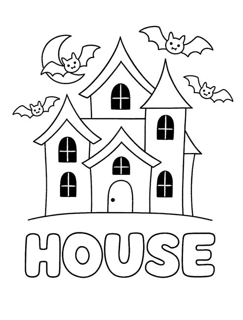 simple vocabulary word coloring page of a haunted house