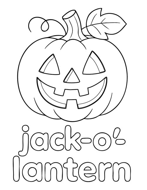 simple vocabulary word coloring page of a jack-o-lantern