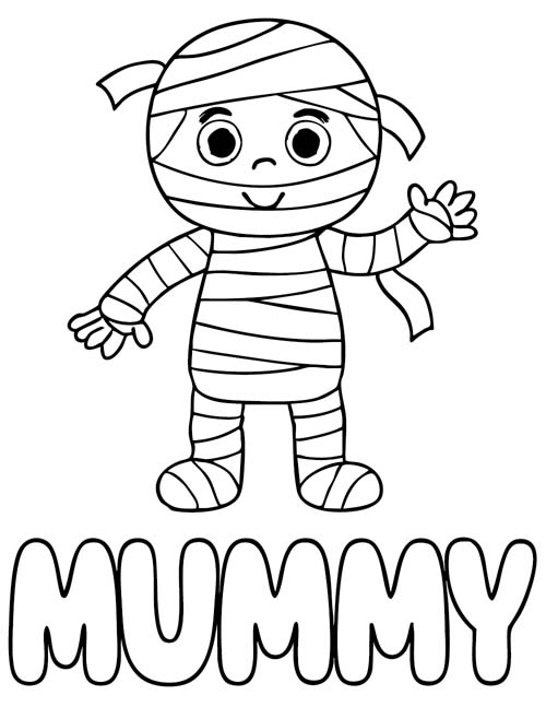 labeled Halloween coloring page of a mummy