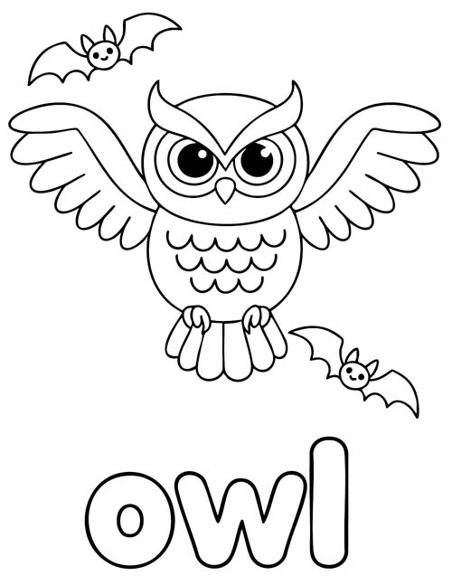 simple vocabulary word coloring page of an owl flying on Halloween night