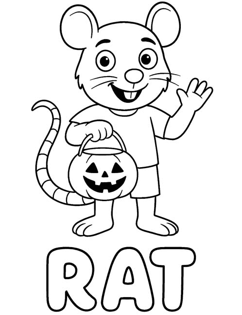 simple vocabulary word coloring page of a rat ready to trick or treat