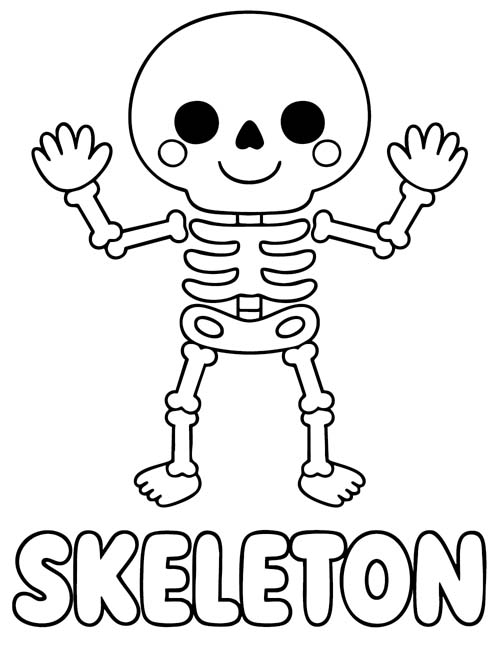 simple vocabulary word coloring page of a cute skeleton