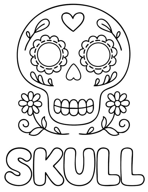 simple vocabulary word coloring page of a cute skull