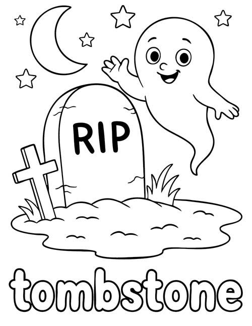 simple vocabulary word coloring page of a cute tombstone scene