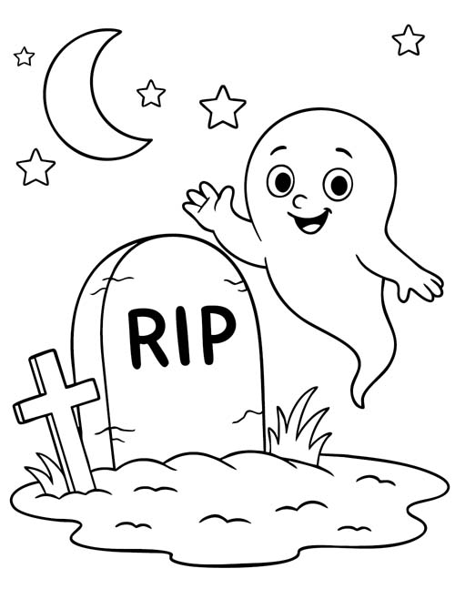 simple coloring page of a cute graveyard scene