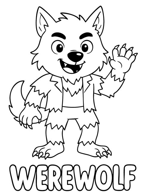 labeled Halloween coloring page of a werewolf