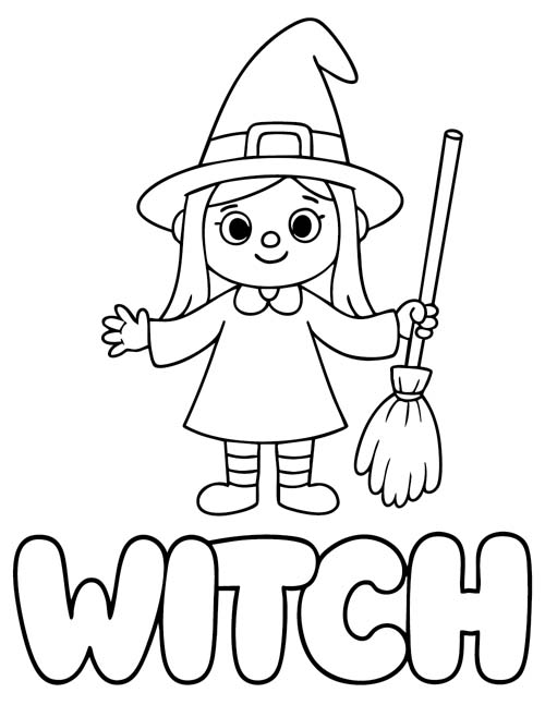 labeled Halloween coloring page of a witch