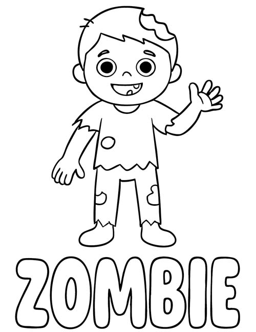 labeled Halloween coloring page of a zombie