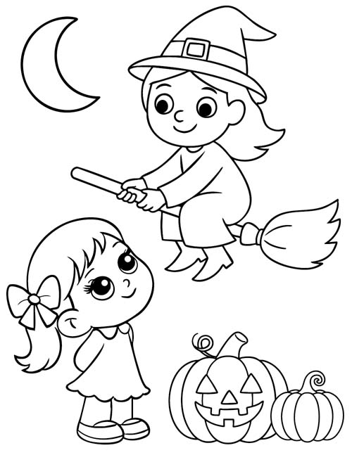 easy preschool coloring page of a little girl watching a witch