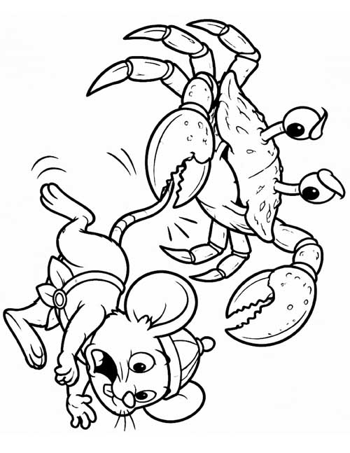 Coloring page of a crab pinching a mouse's tail
