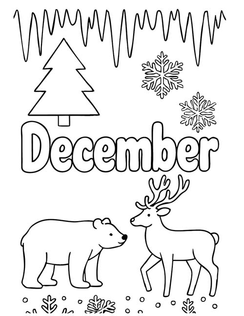 December word art coloring page with December doodles