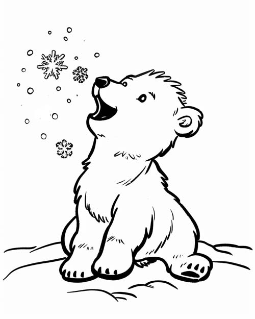 winter solstice coloring page of a bear cub catching snowflakes