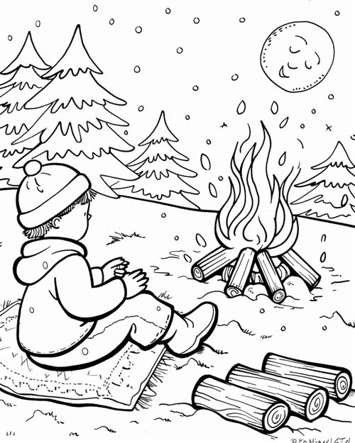 winter solstice coloring page of a boy by a campfire