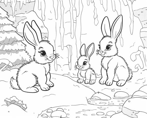 winter solstice coloring page of bunnieson an ice river 