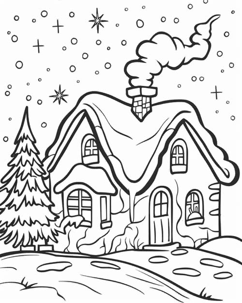 winter solstice coloring page of a cabin