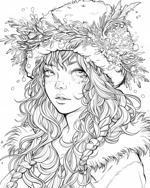 winter solstice coloring page of a girl