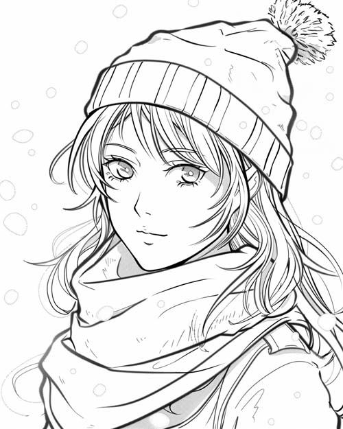 winter solstice coloring page of a girl