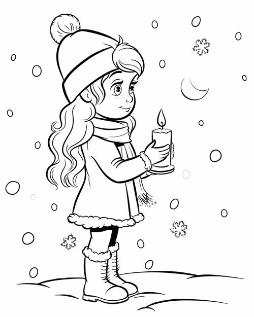 winter solstice coloring page of a girl with a solstice candle