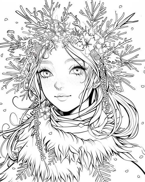 winter solstice coloring page of a girl