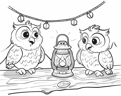 winter solstice coloring page of owls and a lantern