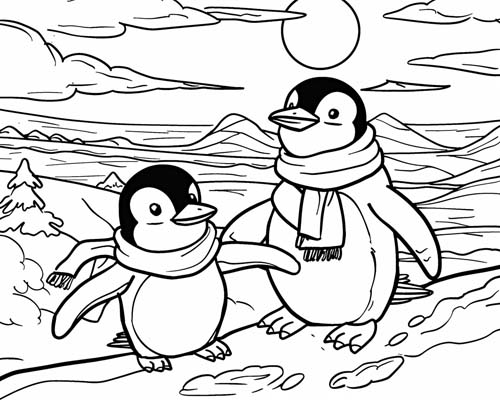 winter solstice coloring page of penguins watching the moon
