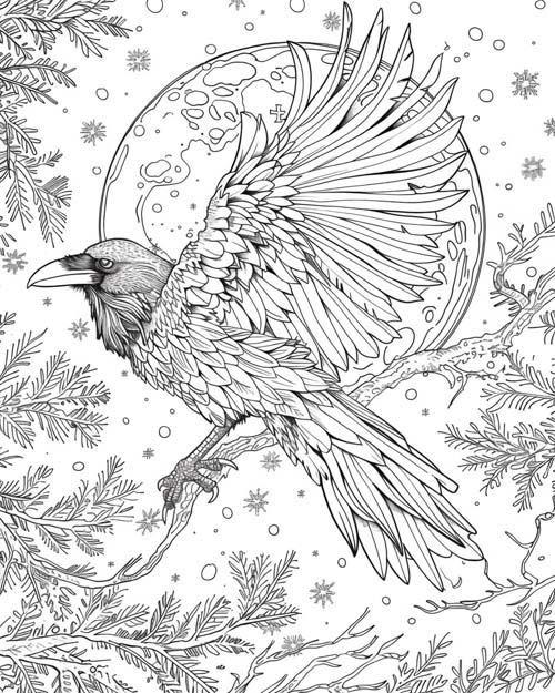 winter solstice coloring page of a raven