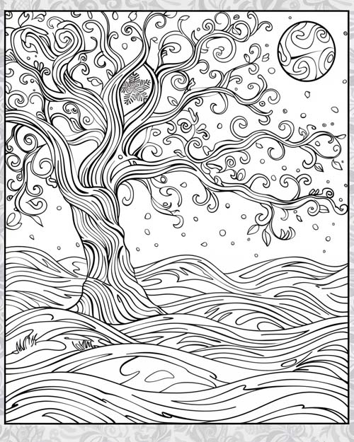 winter solstice coloring page of an artistic solstice tree