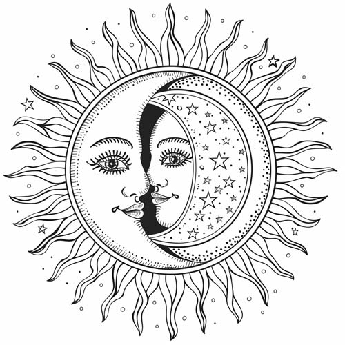 winter solstice coloring page of a sun and moon mandala