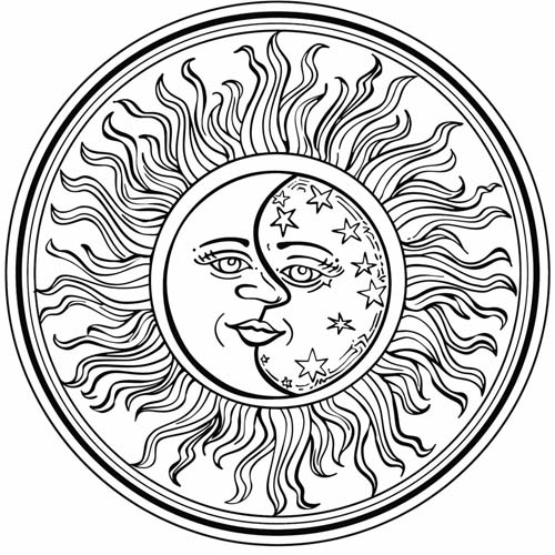 winter solstice coloring page of a sun and moon mandala