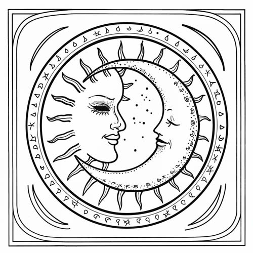 winter solstice coloring page of a sun and moon mandala