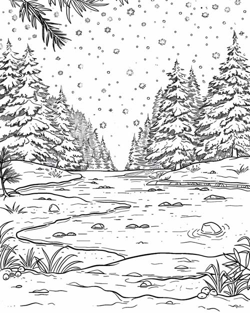 winter solstice coloring page of winter woods
