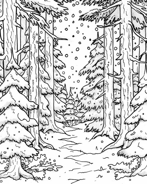 winter solstice coloring page of winter woods
