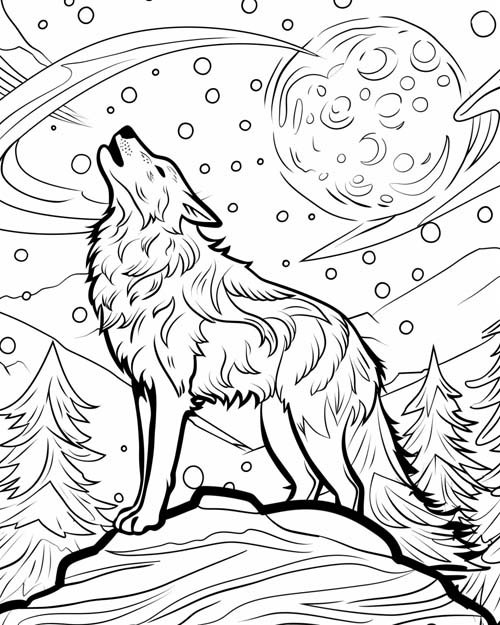 winter solstice coloring page of a wolf