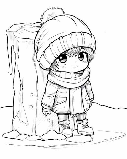 coloring page of a boy by an ice block